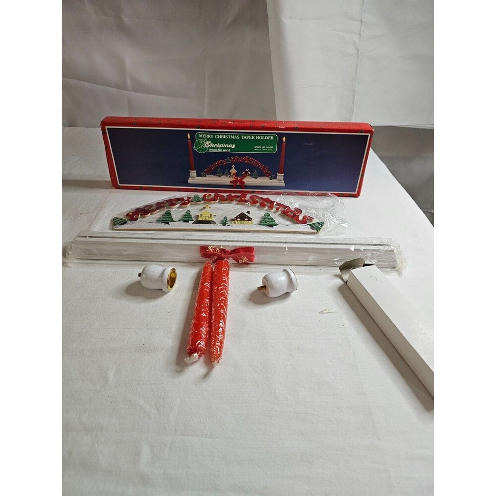 Christmas Around The World Merry Christmas Taper Candle Holder Vtg Mantel Center